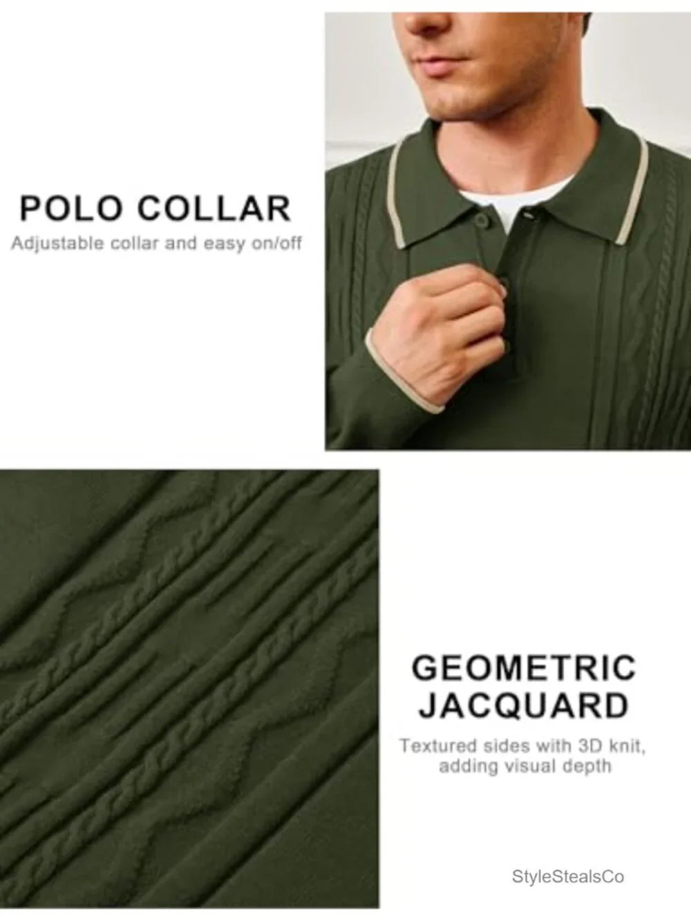 Mens Sweater Knit Polo Long Sleeve Collared Button Casual Pullover Textured